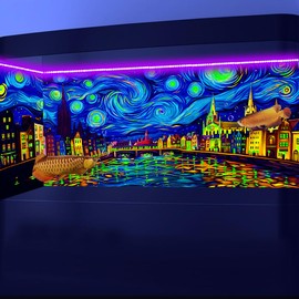 Dtekoj 36X18IN Blacklight Vincent Van Gogh Black Light Aquarium Background, UV Fish Tank Background Art Oil Painting Terrarium Background with 10 EVA Double-Sided Tape