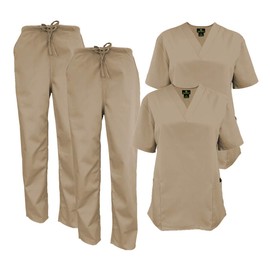 Natural Uniforms Women's Scrub Set Medical Scrub Tops and Pants - Pack of 2 Set (Large, Khaki)