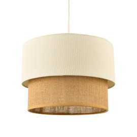 Modern Designer Double Tier Cream Fabric Linen and Natural Rattan Pendant Light Shade | 22cm x 30cm | Chic Style by Happy Homewares