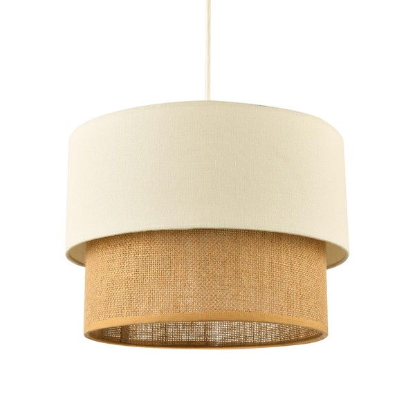 Modern Designer Double Tier Cream Fabric Linen and Natural Rattan