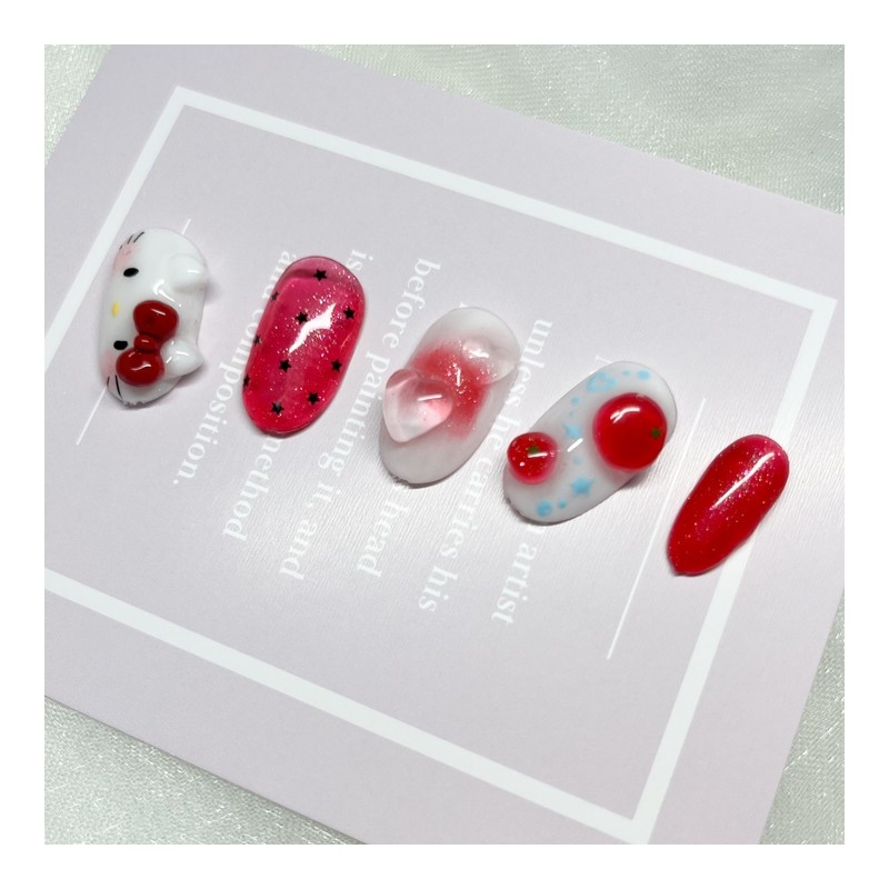 [Handmade Nail Tips] Tomato Horizontal Cat Nails - Coffin Egg