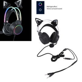 Wired Gaming Headset, Noise Reduction Cat Ear Headphones with Microphone, RGB Light Over Ear Headphones for Laptop Computer, 3.5mm Audio Jack, Adjustable Headband