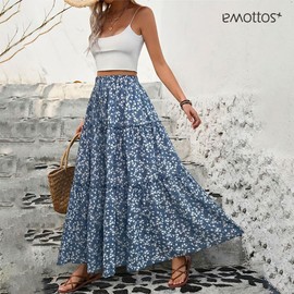 EMOTTOS Maxi Skirt, Summer Ladies Skirts Floral Print with Drawstring, Bohemian Long Skirt Elastic High Waist Pleated Ruffle Flowy Swing Skirt Vintage, Blue S