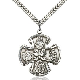 Extel Silver Catholic 5 Way Cross Pendant Necklace Circle, Holy Spirit Dove Center, Large, Made USA