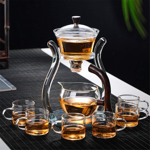 Aoheuo Lazy Kungfu Glass Tea Set Magnetic Water Diversion Rotating Cover Bowl Semi-Automatic Glass Teapot Suit (Crystal Glass)
