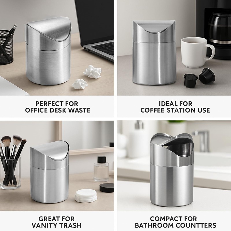JILLICK Small Mini Trash Can with Lid, Brushed Stainless Steel