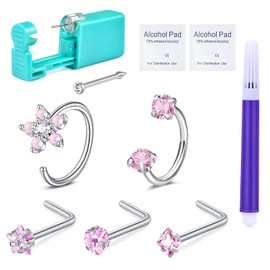 AVYRING Nose Piercing Kit - 2 Packs Self Piercing Gun with Nose Rings & Studs, Nose Ring Around Pink Cubic Zirconia Hypoallergenic Steel Tools at Home Disposable Safety Nose Piercing Gun Kit