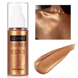 UCANBE Body Shimmer Oil 100ml, Moisturizing Body Glow Glitter Oil, Waterproof Shimmering Body Luminizer Liquid Illuminator Highlighter, Tinted Shimmer Body Lotion Glowing Bronzer Makeup(Bronze Gold)