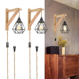 Frideko Wood Plug in Wall Sconces Set of Two, Hanging Lamps That Plug into Wall Outlet, Farmhouse Wall Light Fixtures with 8.21FT On/Off Switch Cord, Indoor Rustic Wall Lamp for Bedroom Living Room