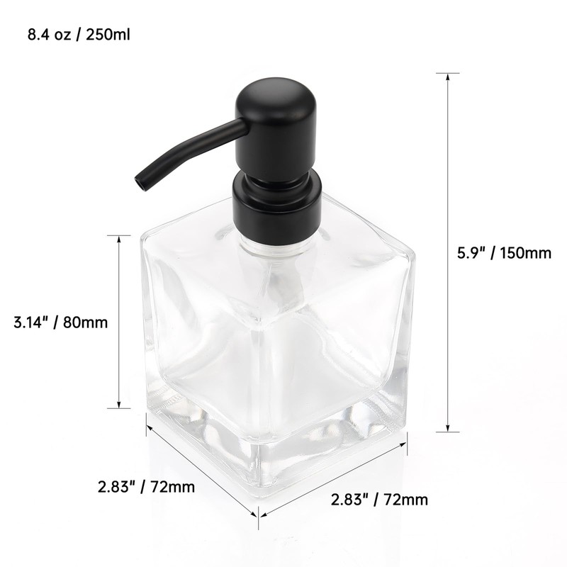 Ximlike Square Bathroom Soap Dispenser Black, 8.4 oz Glass Bottles