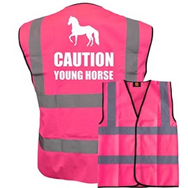 Bright Pink High Visibility Vest with White Text CAUTION YOUNG HORSE WITH IMAGE - HORSE RIDING By Brook Hi Vis Medium