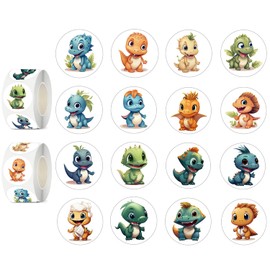 UVUXO 600 Pcs Dinosaur Stickers Rolls for Kids-Round 1.5 Inch 16 Tyles Cute Dragon Kindergarten Stickers Teacher Stickers for Kids Birthday Party School Reward Giveaways
