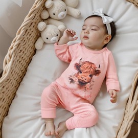 New to the Herd Baby Cowgirl Outfit Highland Cow Jumpsuit Romper Retro Bodysuit Headband Western Infant Fall Winter Clothes Welcome Home Announcement (Pink, 3-6 Months)