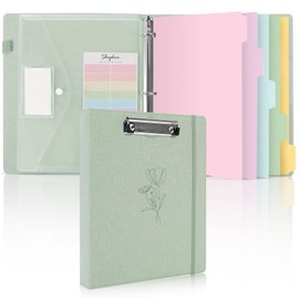SKYDUE Clipboard Binder with Dividers,1 Inch Linen 3 Ring Binder with Clipboard on Front for Organizer, Clipboard Folder with Pocket, Labels Office Supplies OliveGreen