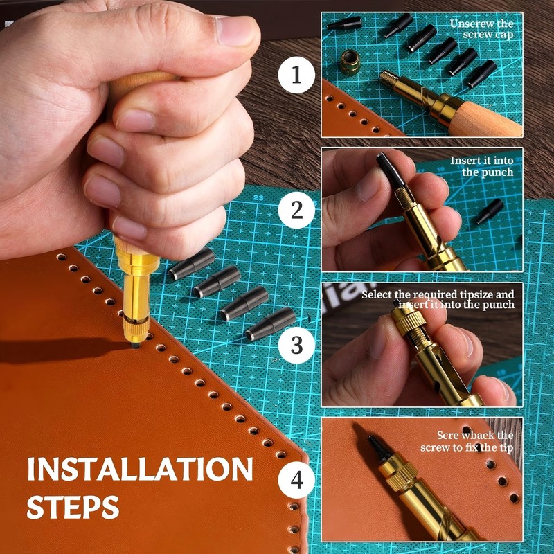 Adjustable Screw Punch, Bestgle Leather Hole Punch Tool Wood Handle