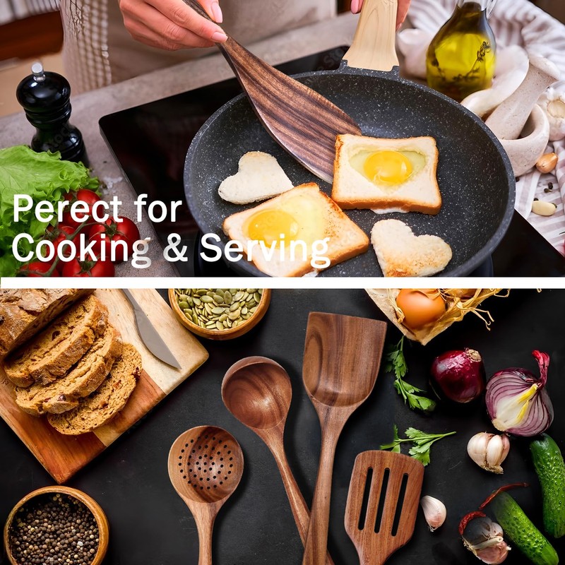 Wooden Spoons for Cooking 6 Piece, Natural Kitchen Utensils Spatula,