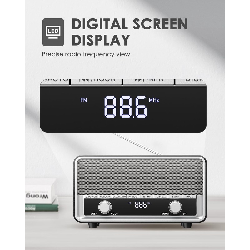 Vintage Wood AM FM Clock Radio with Bluetooth, Digital Clock