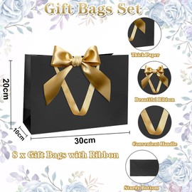 Gift Bags Set, Black Gift Bags with Ribbon Gift Bags with Handles Black Gift Bags with Rose Gold Ribbon 8pcs 30x20x10cm Gift Bags for Christmas Birthday Wedding Anniversary