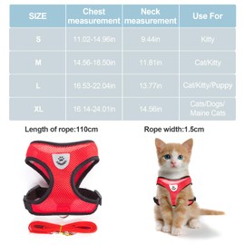 Shudyear Cat Harness and Leash, Adjustable Soft Mesh, Anti-Escape, Reflective Design, Size M, Red