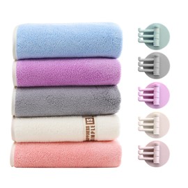 Ailelan Hand Towels with Hanging Loop, 5 Pack Coral fleece Small Hand Towels with 5 Towel Hooks, 50x25CM, Soft and Absorbent Hand Towels for Kitchen, Quick Dry Hand Towels for Bathroom and Kitchen