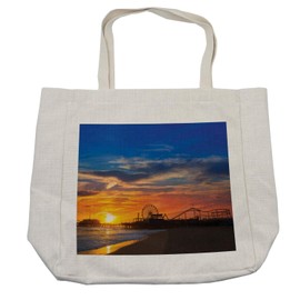 Lunarable Santa Monica Pier Shopping Bag, California Sunset on Pier Ferris Wheel and Reflection on Beach Wet Sand, Eco-Friendly Reusable Bag for Groceries Beach and More, 15.5" X 14.5", Cream