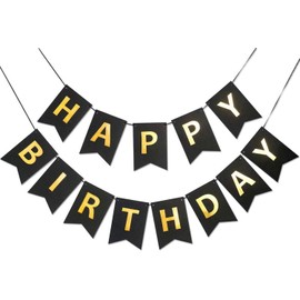ZHIHUI Happy Birthday Banner, Birthday decorations, Black Happy Card Banner, Gold Letters Bunting Banner for Birthday Party