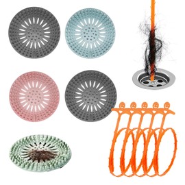 10 Pcs Drain Strainers and Drain Snake Set,4.7" Round Hair Catcher Shower Drain Covers Protector and 20" Long Drain Clogged Cleaning Tool for Shower Kitchen Sink Bath Tub Bathroom