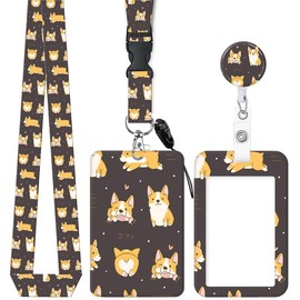 ID Badge Holder with Retractable and Detachable Lanyard, Cute Badge Reel Breakaway Lanyard with Carabiner Clip for Women, Teachers, Nurses, Students, Perfect Work and Office(Cute Corgi Dog)