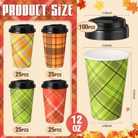 Teenyyou 100 Pack 12oz Fall Plaid Disposable Coffee Cups with Lids Thanksgiving Coffee Paper Cups Autumn Cups for Cold Hot Drinks Fall Thanksgiving Party Supplies