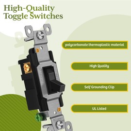 TG 3-Way Toggle Light Switch with Wall Plate, 15 Amp Electrical Wall Switch, 120V-277V AC, Three-Way or Single Pole, Grounding Screw, Residential Grade, UL Listed, LS-T315-BKP10P, Black (10 Pack)