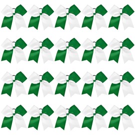 20PCS 8" Large Cheer Bows White Green Cheerleading Bows Girl Hair Bows with Ponytail Holder Bow Hair Ties for Cheerleaders SoftbalCompetition Sports