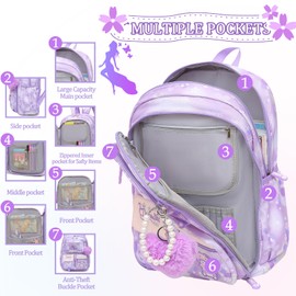 Lovely Girls Backpack School Bag for Students Kids Book Bag with Multiple Pockets Splash-proof Children's Backpack（17inch Purple）