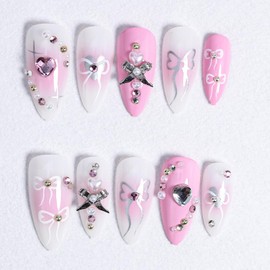 24Pcs Pink Press on Nails Long Almond Fake Nails Heart Bow Rhinestones Design Pearl False Nails Gradient Acrylic Glue on Nail Cute Glossy Stick on Nail for Women Decor Manicure Supplies