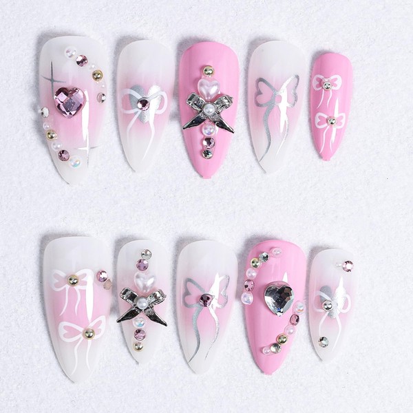 24Pcs Pink Press on Nails Long Almond Fake Nails Heart