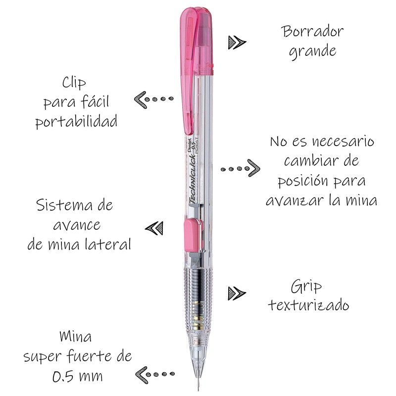 Pentel PD105BP2-P Lapicero Techniclick, Rosa, Blíster 2 piezas, 0.5 mm