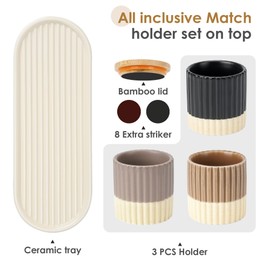 Ceramic Match Holder Set with Striker for Home Decor: 3 Ceramic Holders, Bamboo Cover with Striker, Ceramic Tray 8 Striker Stickers, Great Mantel Candles Decorations Gift (Matches Not Included)