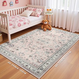 Flagover 4x6 Light Pink Washable Boho Area Rug for Living Room, Vintage Floral Non Slip Bedroom Rugs, Wool Low Pile Indoor Mat, Aesthetic Pattern Carpet for Kitchen, Office and Bedside