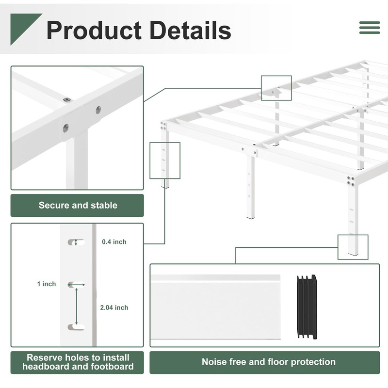 Upcanso 16 Inch White King Bed Frame Heavy Duty Metal