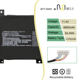 BTY-M491 Laptop Battery for MSI Modern 15 A10M A10M-028DE A10RAS A10RB A10RD A11M A11SB A4M A4MW Summit B15 A11M Stealth 15M 11.4V 4600mAh White Connector
