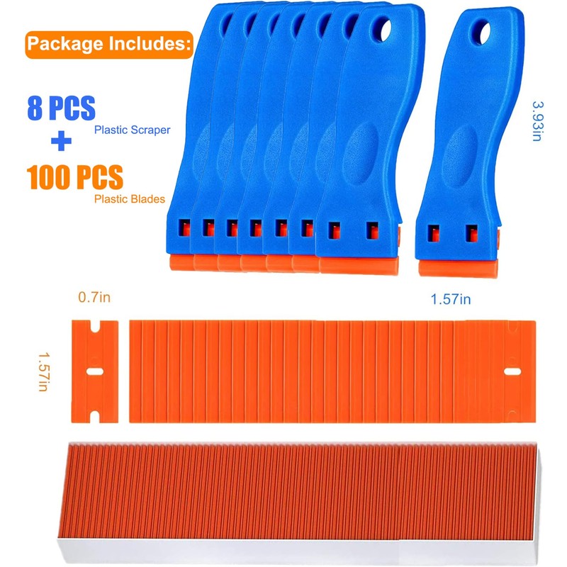 8 Pcs Plastic Razor Blade Scraper and 100 Pcs Blades,