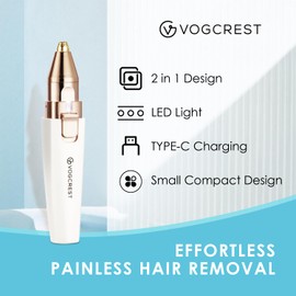 VG VOGCREST VG VOGCREST Eyebrow Facial Trimmer: 2 in1 Rechargeable Facial Hair Removal and Eyebrow Shaver - Face Lips Body Painless Facial Razor with Built-in LED Light (White)