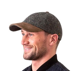 Hatman of Ireland Baseball Cap for Men's 100% Donegal Tweed with Suede leather Peak Made in Ireland, Charcoal, One Size