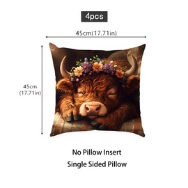 SEVENWELL Highland Cow Cushion Cover 45x45 cm Pack of 4 Scotland Scottish Decorations Throw Pillow Case Decor Home for Livingroom Couch Sofa 18“x18“