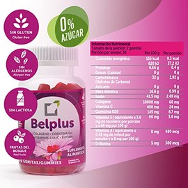 Belplus | Colágeno+Coenzima Q10+Biotina | 60 gomitas sin azúcar, pack 2x1