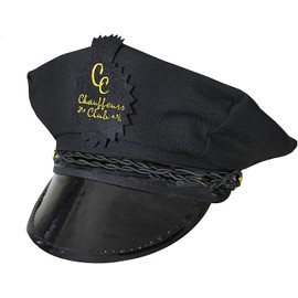 Black Chauffeur Hat Fancy Dress Costume Accessory - Limo Driver Costume Black Valet Cap with Badge and Gold Stitching (Pack of 1)