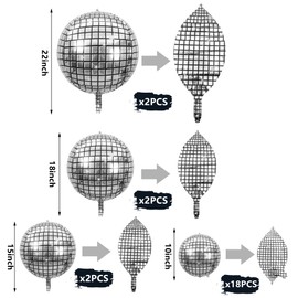 24 PCS Disco Ball Balloons Different Sizes- 4D Large Disco Balloons 10 Inch 15 Inch 18 Inch 22 Inch Assorted Round Metallic Silver Disco Balloons for Disco Themed Party Decor Supplies