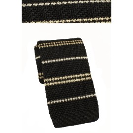H. LUZZARIO & COMPANY FINE SILK SOLID BLACK KNIT TIE WITH WHITE STRIPES