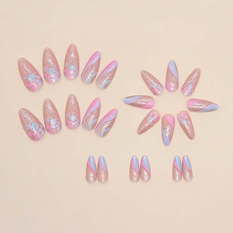 RikView Pink Press on Nails Medium Fake Nails with Flowers