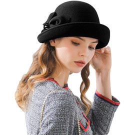 RZTA Women's Vintage 100% Wool Felt Cloche Bucket Bowler Hat Winter Vintage Bow Fedoras Church Derby Fascinator Hat, A03-black, One Size
