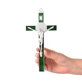 VINETEN Crucifix- Saint Benedict Crucifix Wall Cross Metal Wall Art-Cross Decoration for Bedroom Livingroom- 8 Inch Green